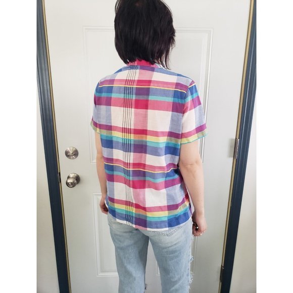80s Plaid Ladies Button Down Blouse - Picture 3 of 4